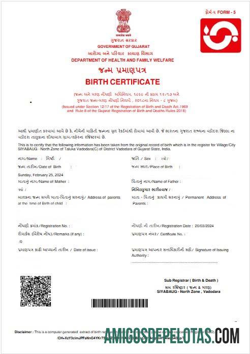 Certidão de nascimento do Departamento de Saúde e Bem-Estar Familiar da Índia baixar para verificação